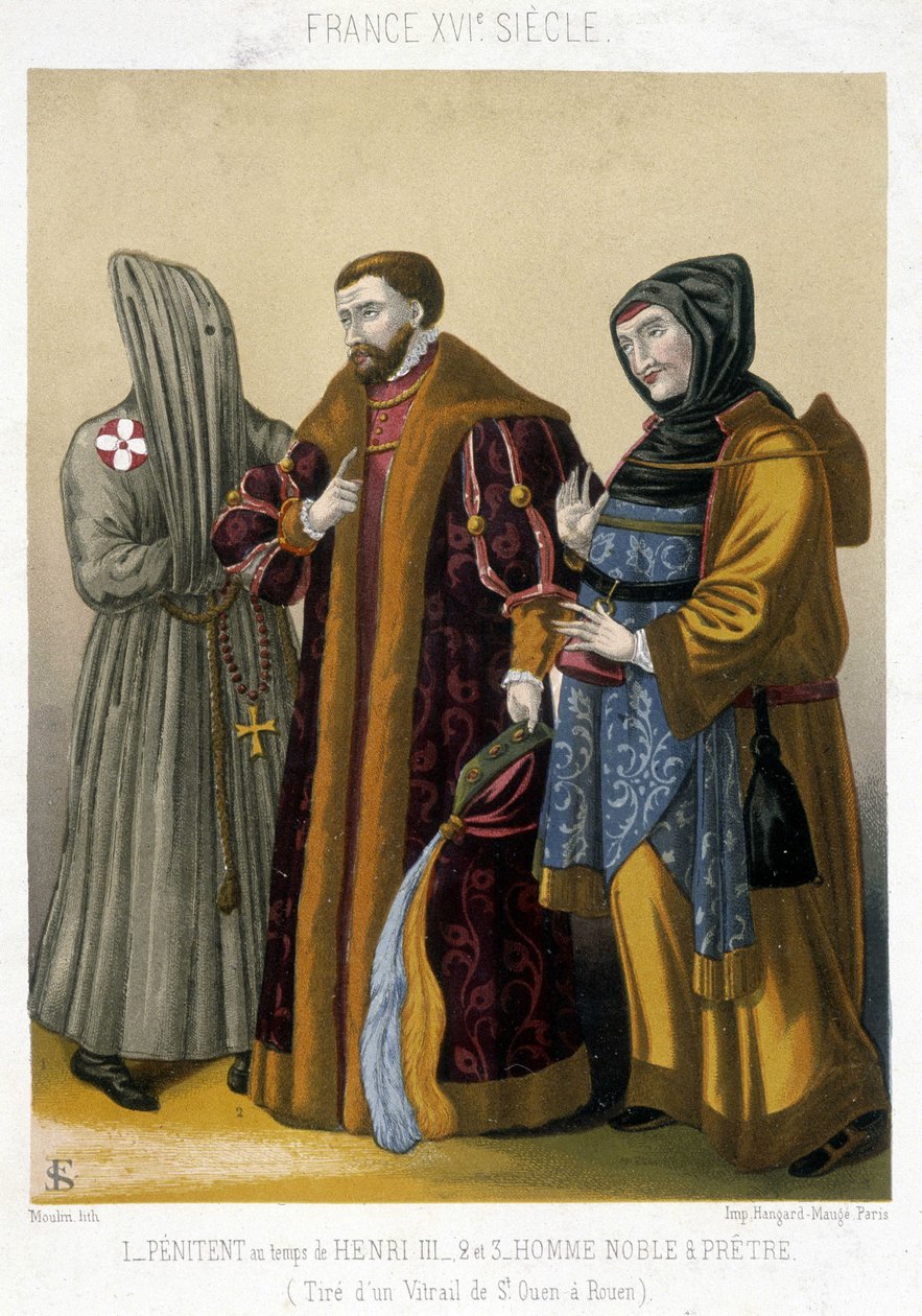 16. yüzyılda Fransız kostümleri: Solda bir tövbekar, ortada bir asil ve sağda bir rahip. Saint Ouen
