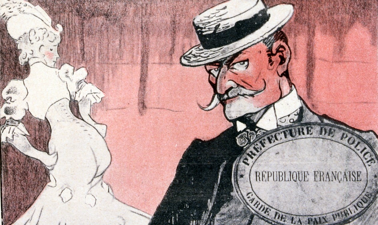 Fransız polisi onu tutuklamadan önce bir fahişeyi araştırıyor. 19. yüzyıl Fransa. Fransız illüstrasyon 1890 by French School