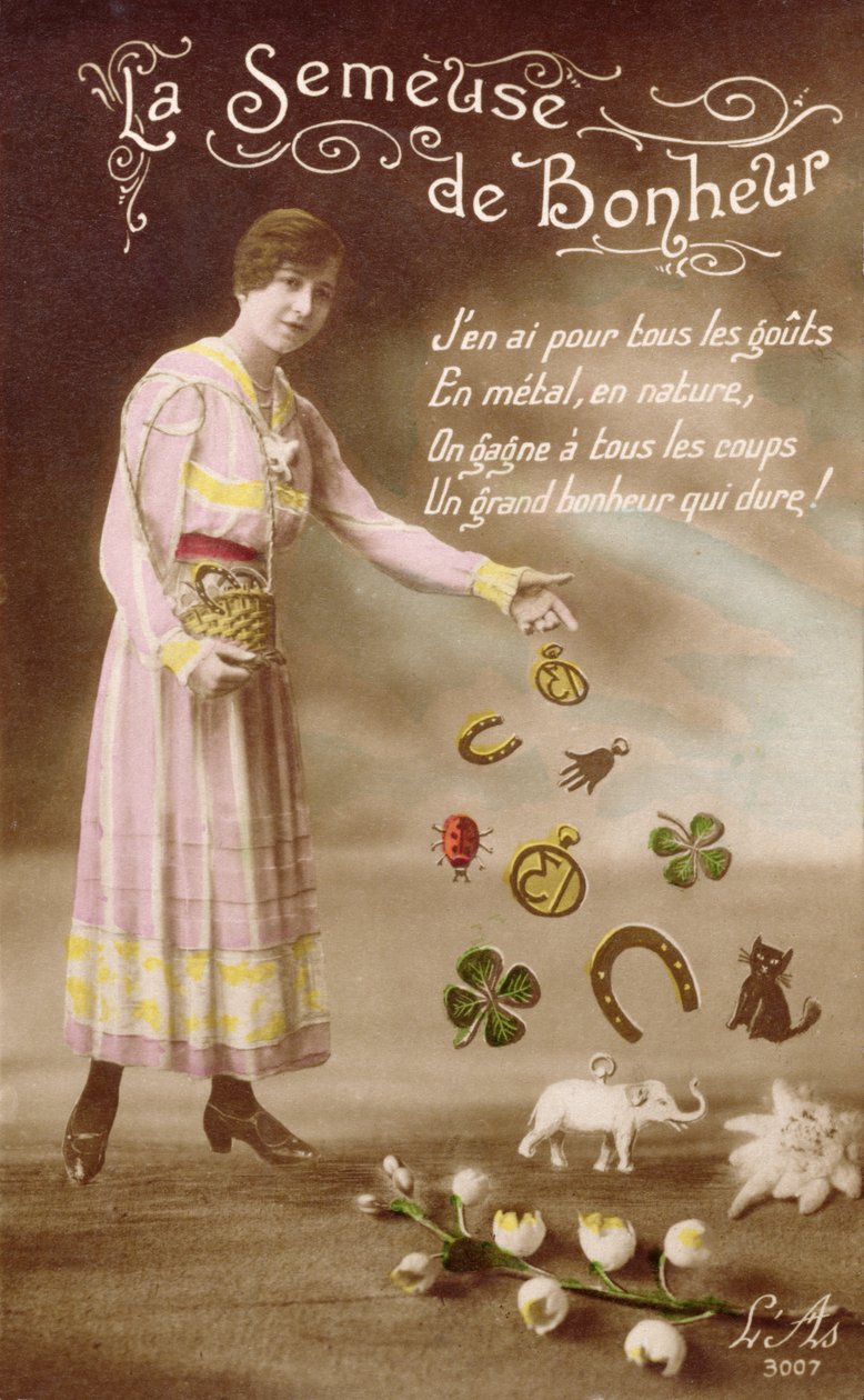 La Semeuse de Bonheur'u (İyi Şans Ekicisi) tasvir eden Fransız kartpostal, 29 Mart 1914 by French School