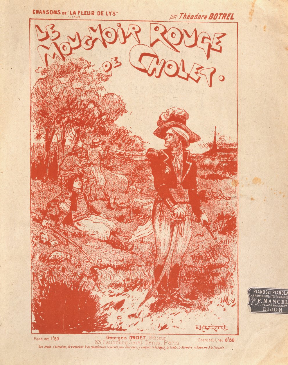 Theodore Botrel tarafından yazılan ve bestelenen Le Mouchoir Rouge de Cholet şarkısının müzik notası için ön kapak by French School