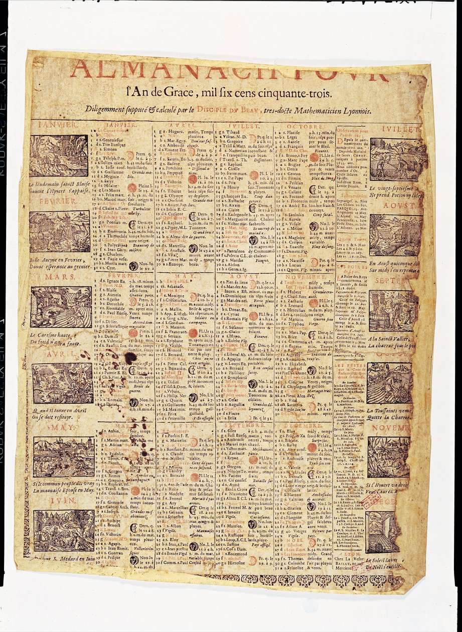 1653 yılı için bir almanağın ön sayfası (kağıt üzerine mürekkep) by French School