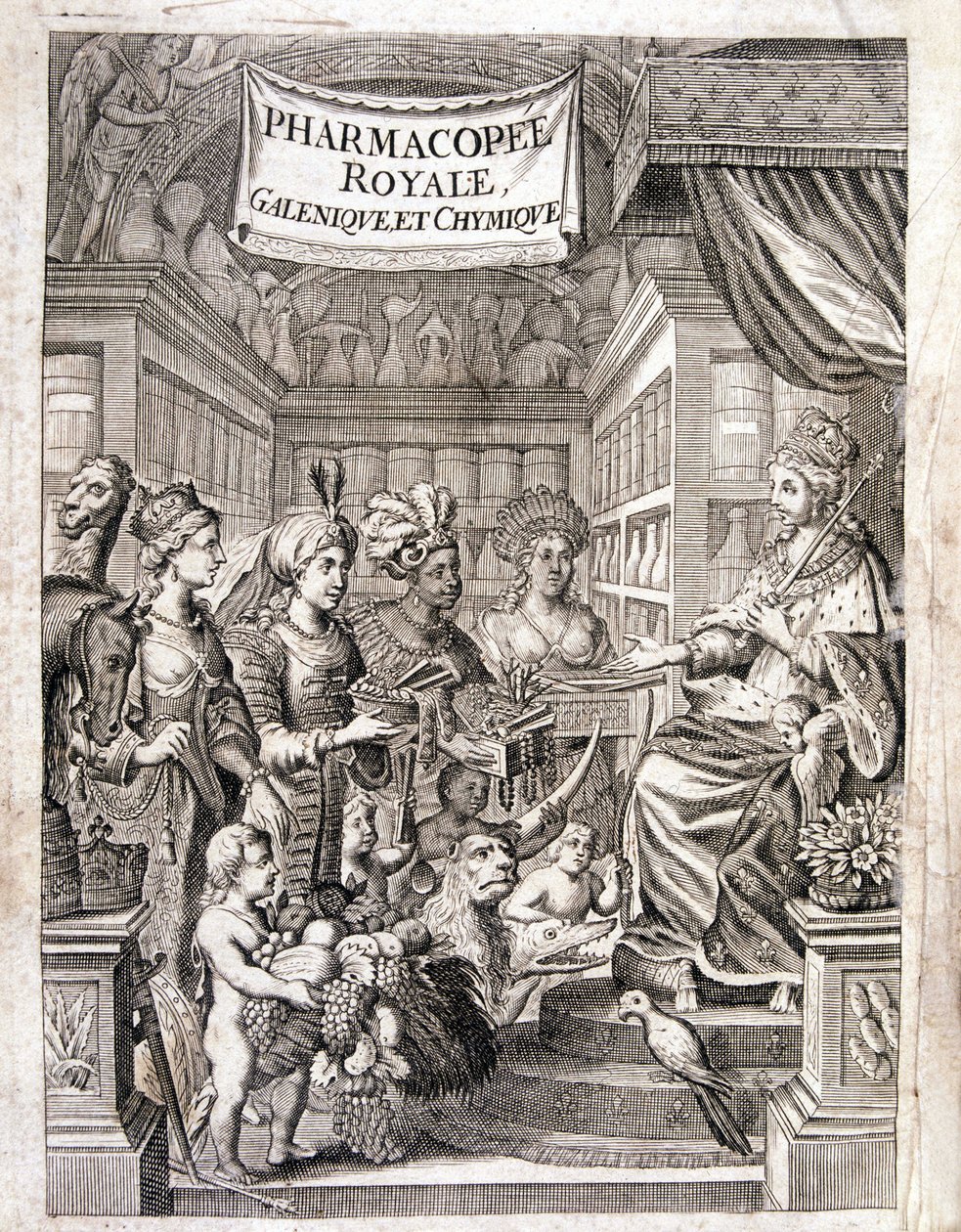 Paris, Laurent d'Houry'deki Royal Garden of Plants'deki Eczane Morse Charas'ın “” Pharmacopoeia royal, galenic and chymic”” ön cephesi. 1 sürüm 1691 ve 1 sürüm 1753 by French School