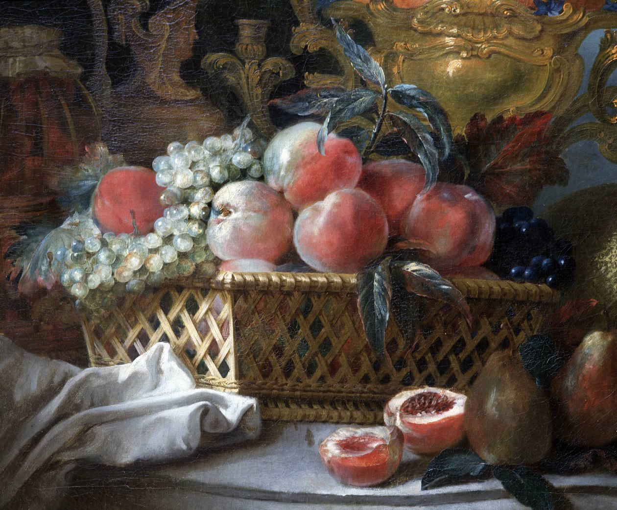 Meyve vazosu ve sepeti (detay). c.1770 (tuval üzerine yağlı boya) by French School