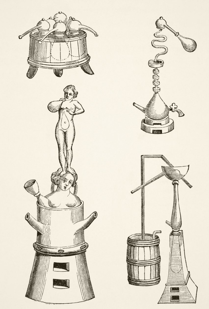 16. yüzyılda kimyagerler ve simyacılar tarafından kullanılan fırın, imbikler, imbikler ve damıtma cihazları, Paul Lacroix (1806-84) tarafından Londra 1878