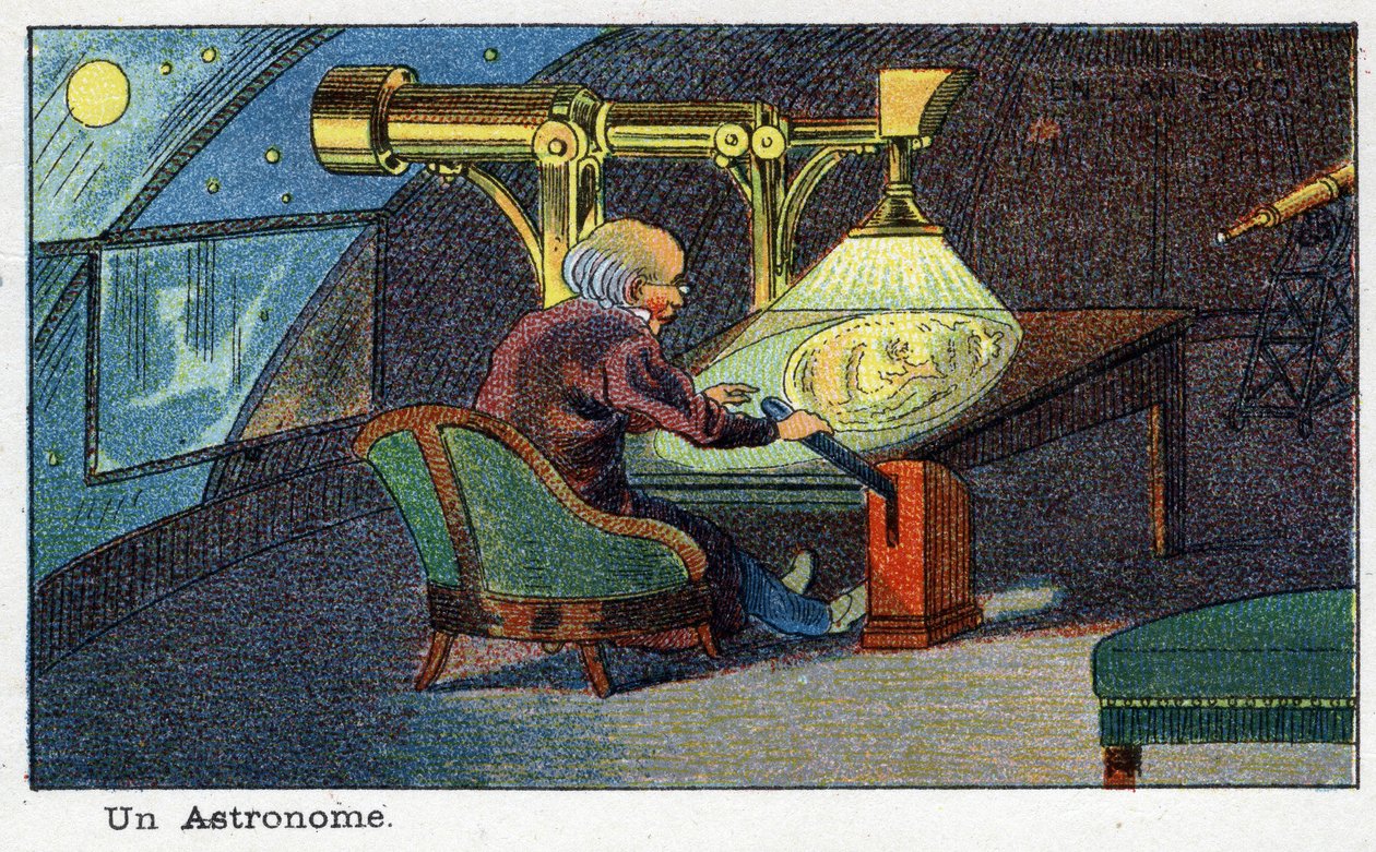 Futuredays: 2000 Yılının Ondokuzuncu Yüzyıl Vizyonu Serisi: Bir astronom (belirli bir teleskopla çalışan). Villemard