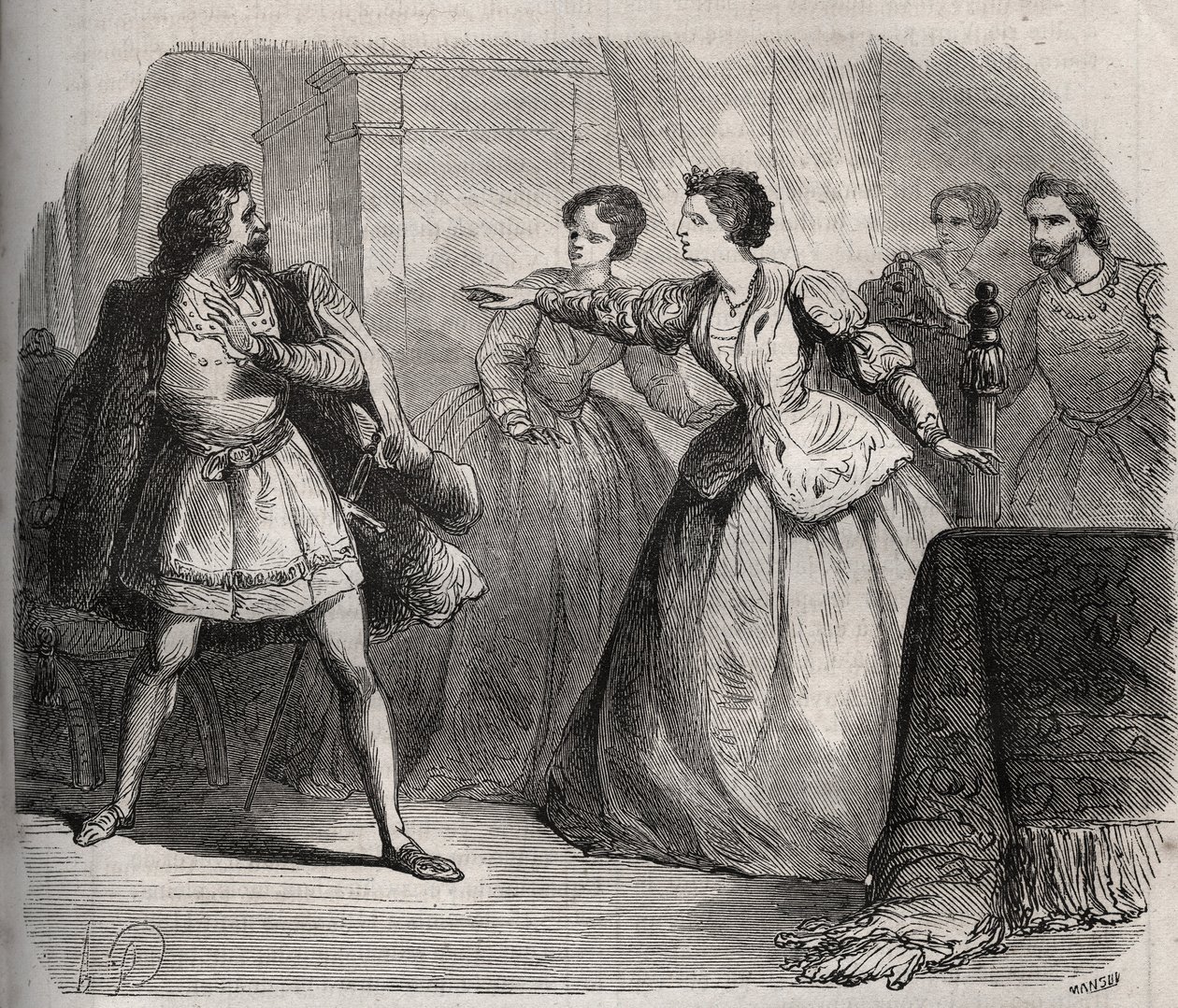 Gabrielle de Vergy, kuzeni Albert de Nozereau ile olan arkadaşlığını kıskanan nişanlısı Eudes de Fayel ile tartışır. 12. yüzyıl efsanesinden bir sahne. Henry de Kock'un (1819-1892) "Histoire Des Cocus Celebres" adlı eserinde 1871'den kalm by French School
