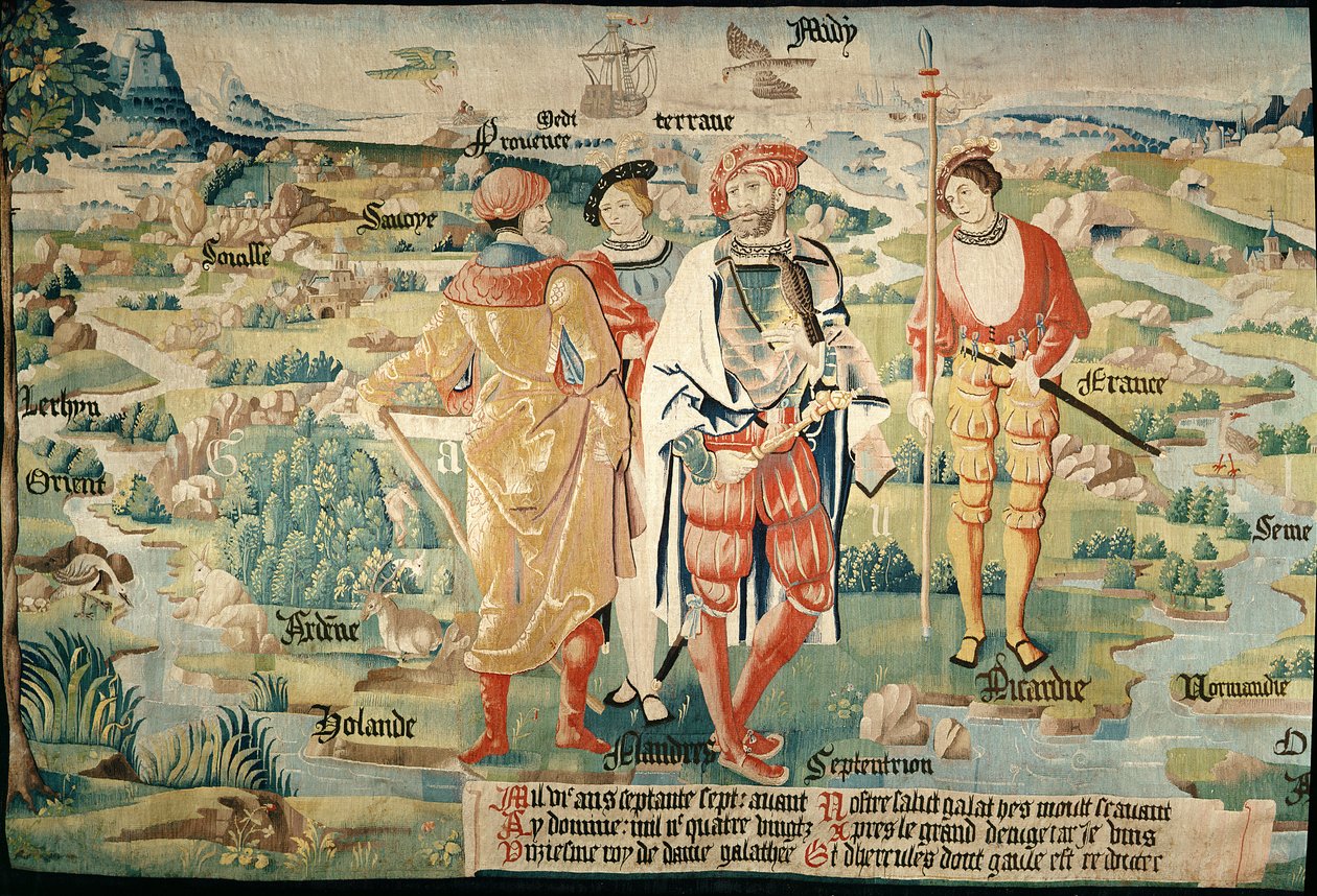 Galathes, Galyalıların 11. Kralı, arkasında bir Galya haritası, Galyalıların Krallarının tarihi üzerine bir duvar halısından detay, Arras Atölyesi, c.1530 by French School