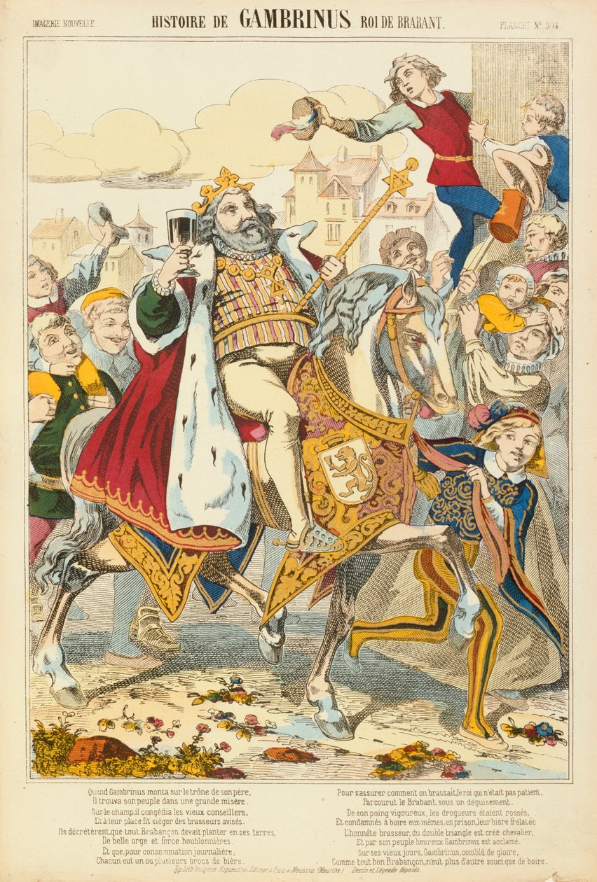 Gambriunus, efsanevi Flanders Kralı, Verlag Haguenthal tarafından yayınlanan geniş sayfa, Pont-a-Mousson, 1860 by French School