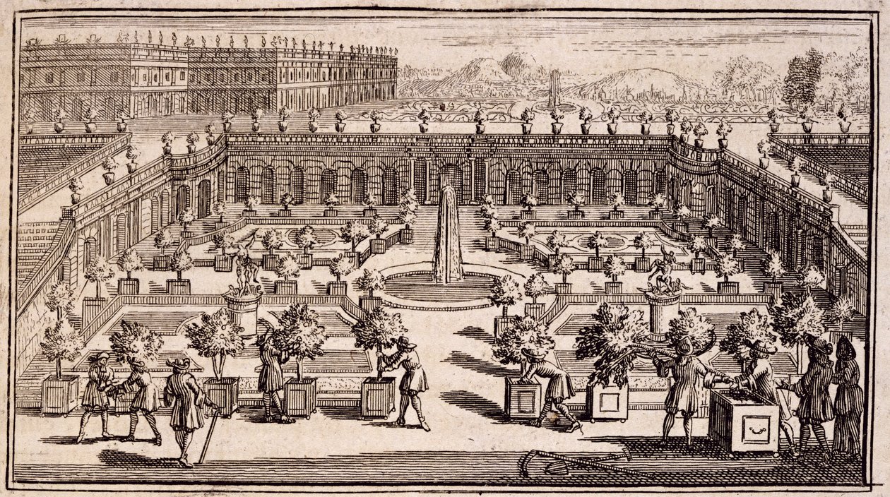Bir portakal bahçesinde çalışan bahçıvanlar, Le Parfait Jardinier, ou Instruction pour les Jardins Fruitiers et Potager, Jean de la Quintinye, 1695 yayınlandı by French School