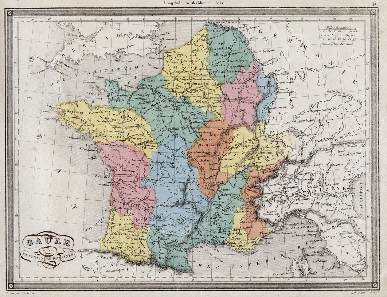 Galya Roma eyaletlerine bölünmüş - Vuillemin tarafından ""Yatılı okullar için eski ve modern coğrafyanın Evrensel Atlası"ndan çıkarılan levha - yaklaşık. 1845 by French School