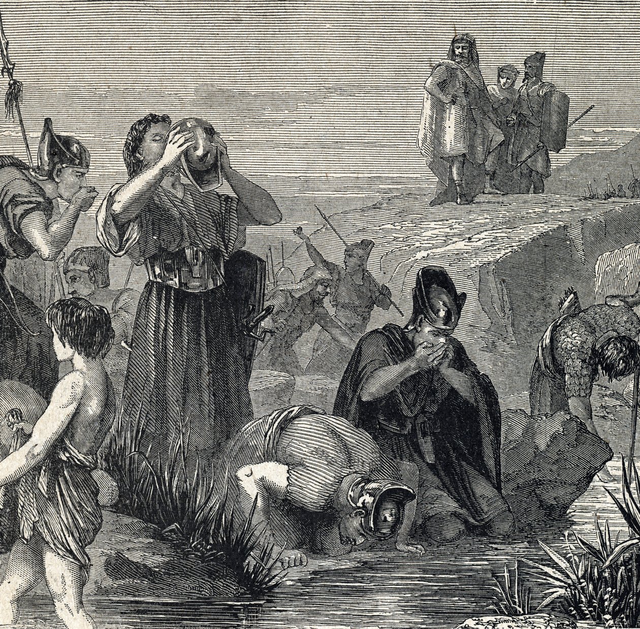 Gedeon (Gideon) Tanrı tarafından Madyanlıları yenmeye çağırılır, askerlerini ağzına su taşırken içenler arasından seçer (Gideon veya Gedeon askerlerini sadece ağzına suyu kaldıranları tutarak seçer ve bunu yaparken dra by French School