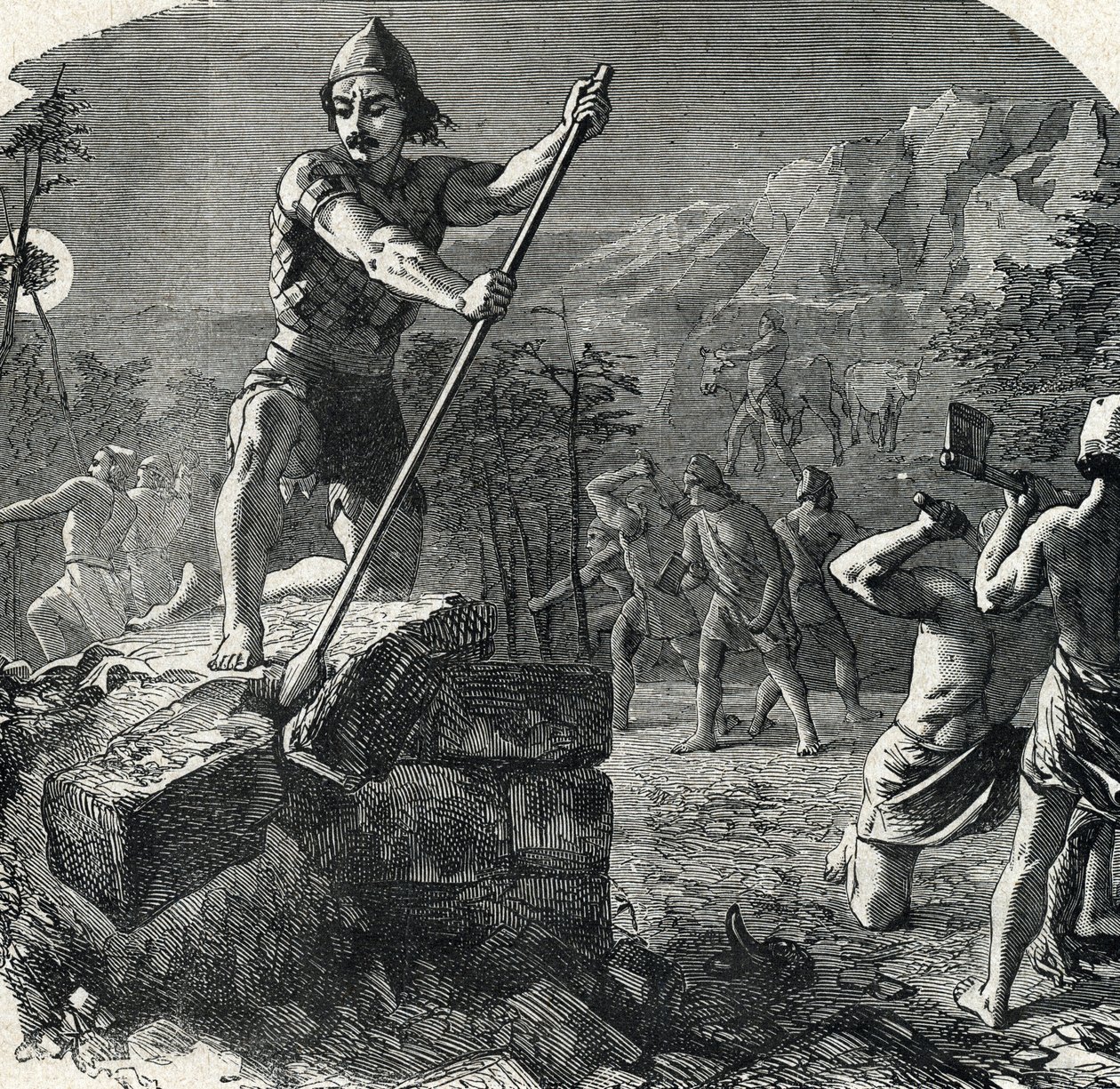Gedeon (Gideon) halkını putperestliğe sürükleyen Baal sunağını çalıyor (Gideon veya Gedeon Baal sunağını yok ediyor) Gravür 'The Holy History of Lahure 19th Century' Özel Koleksiyonu by French School