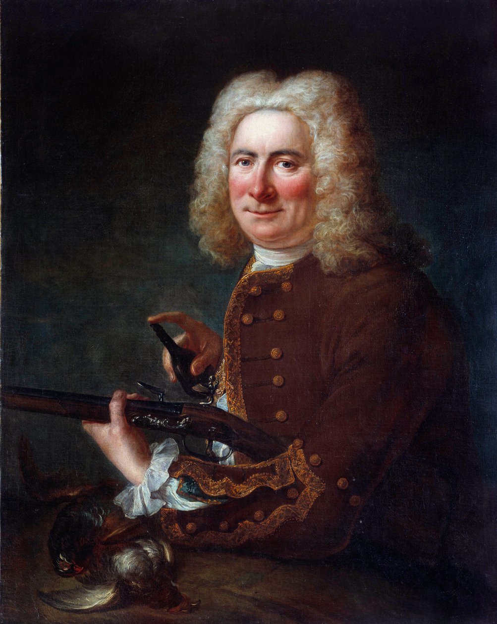Çakmaktaşı tüfekli bir beyefendi. 18. yüzyılın anonim tablosu. Gien, Musee de la chasse - Çakmaklı tabancalı bir beyefendi. 18. yüzyılın anonim tablosu. Avcılık Müzesi, Gien, Fransa by French School