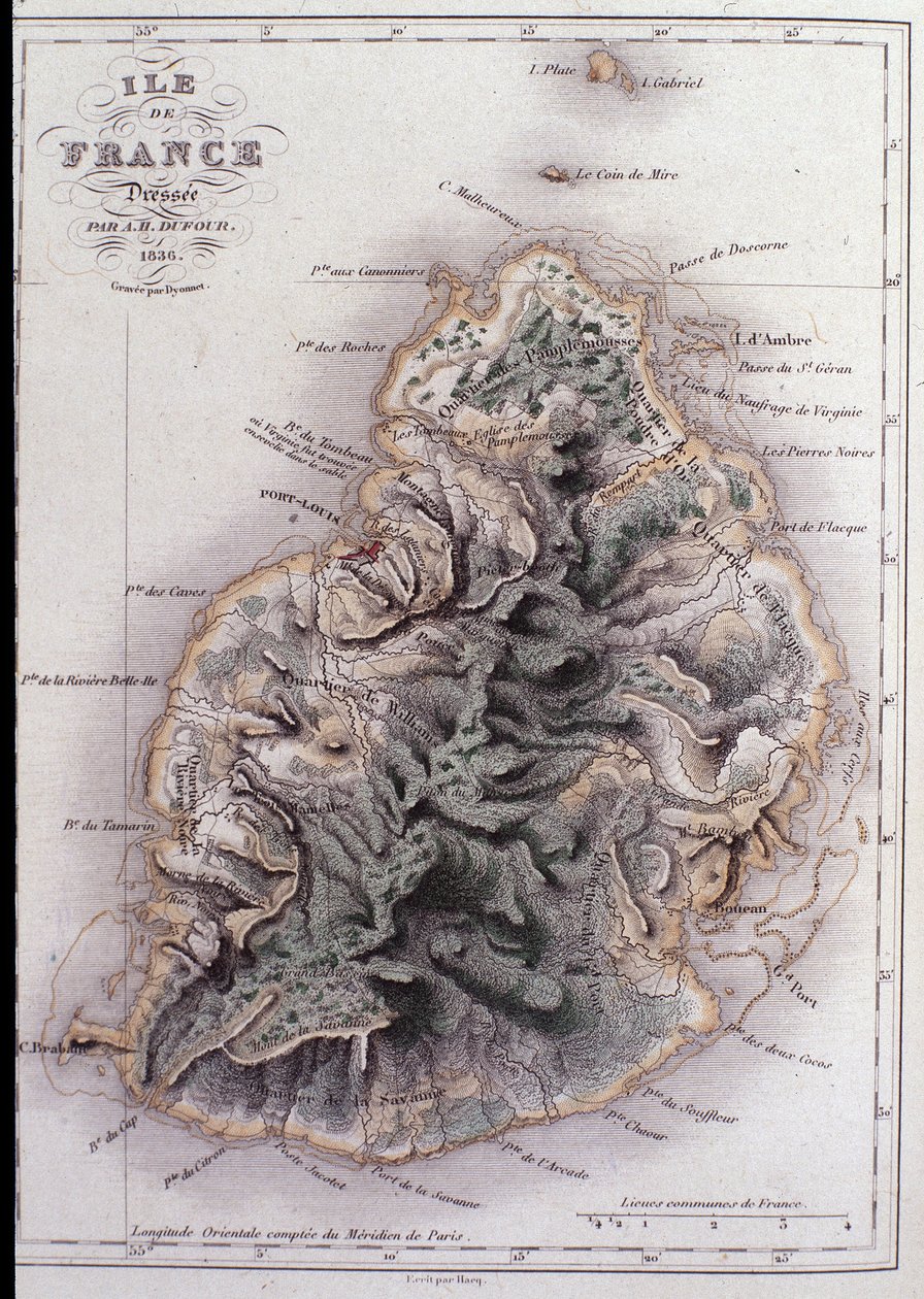 Mauritius coğrafi haritası (Anc. Ile de France) - gravür by French School