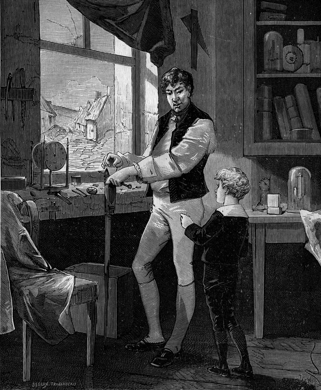 George Stephenson, İngiliz mühendis (1781-1848) oğluyla birlikte. by French School