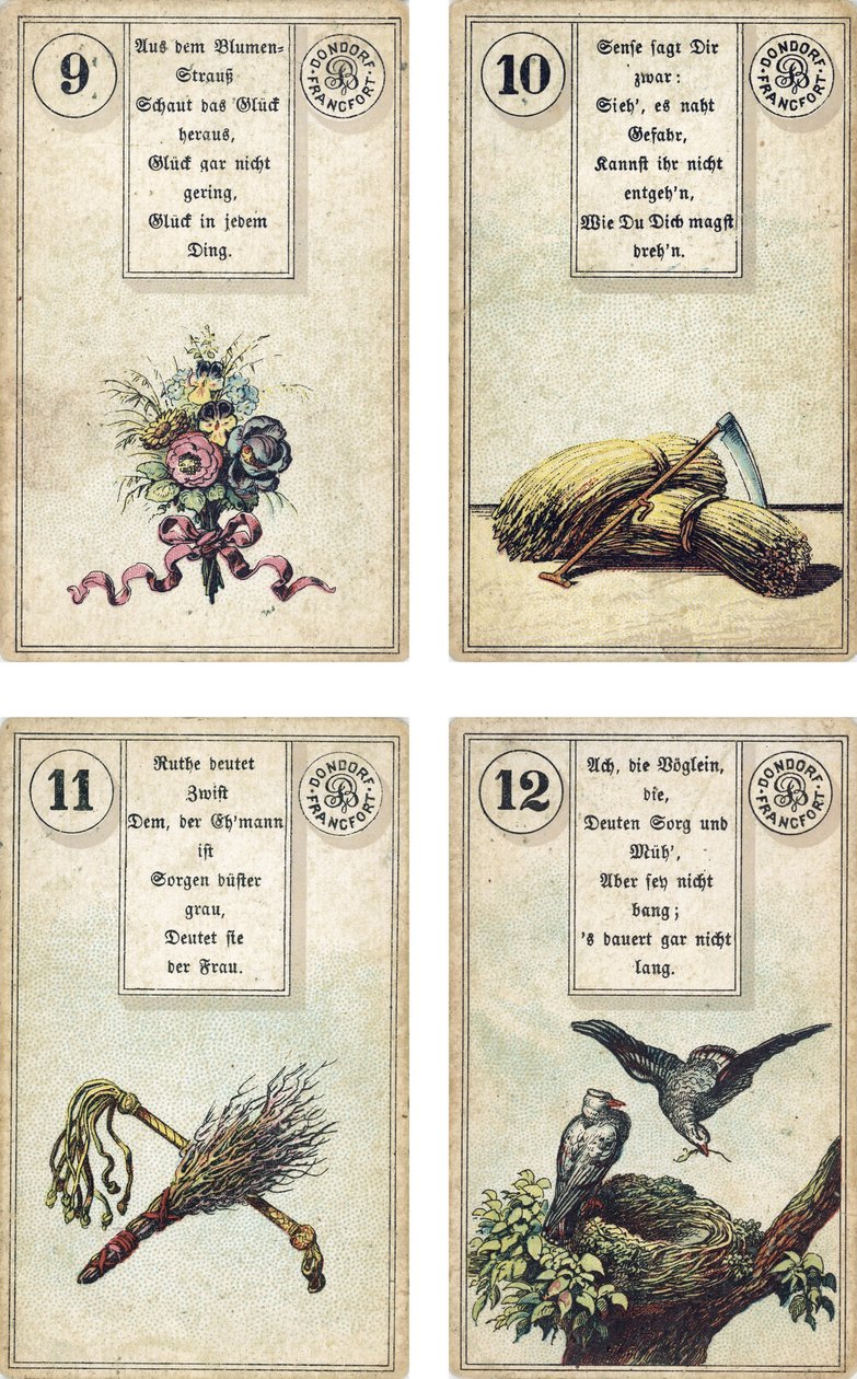 Lenormand Fransız karikatür destesinin Almanca baskısı: The Flowers, The Scythe, The Birch-rodThe Whip, The Birds, Yayınevi, Dondorf, Frankfurt, 19. Yüzyıl by French School