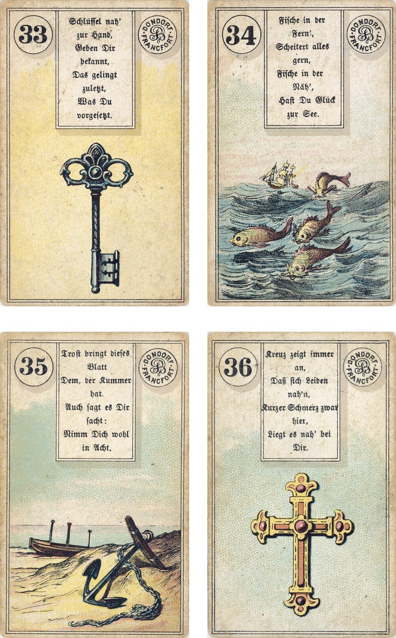 Lenormand Fransız karikatür destesinin Almanca baskısı: Anahtar, Balık, Çapa, Haç, Dondorf, Frankfurt, 19. Yüzyıl tarafından yayınlandı by French School