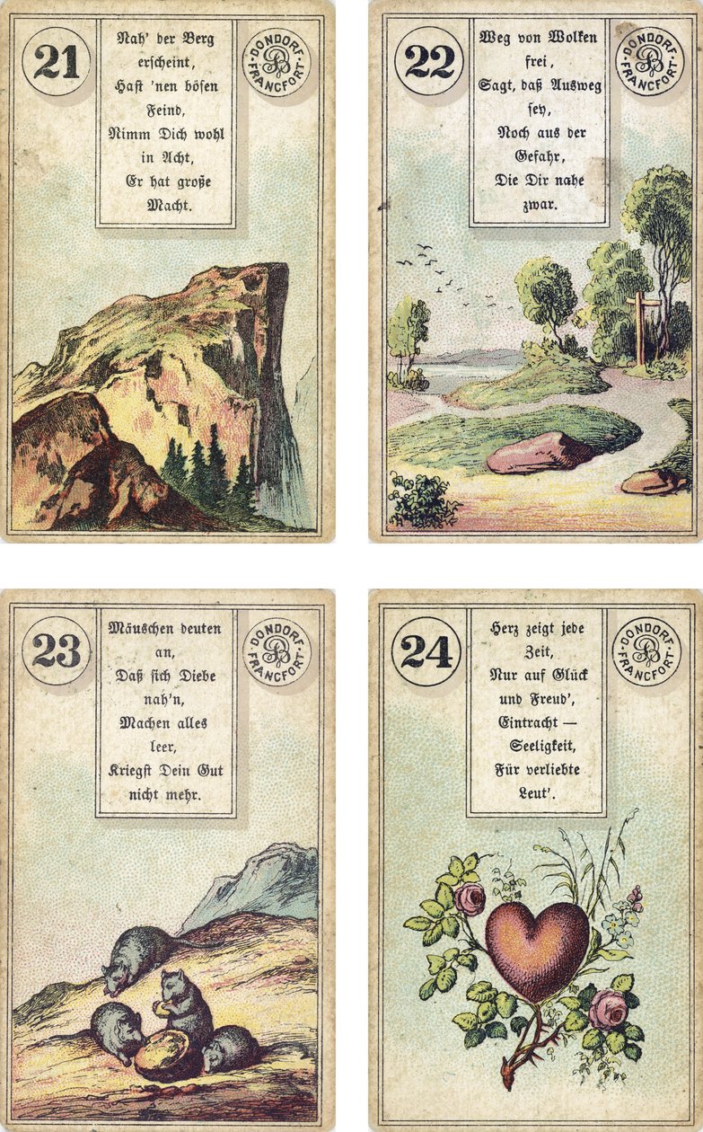 Lenormand Fransız karikatür destesinin Almanca baskısı: Dağ, Yol, Fareler, Kalp, Dondorf, Frankfurt, 19. Yüzyıl tarafından yayınlandı by French School