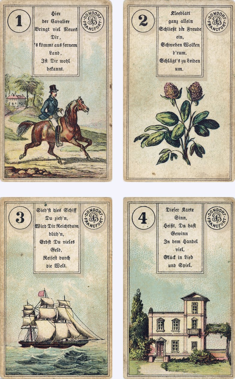 Lenormand Fransız karikatür destesinin Almanca baskısı: The Rider, The Clover, The Ship, The House, Yayınevi, Dondorf, Frankfurt, 19. Yüzyıl by French School