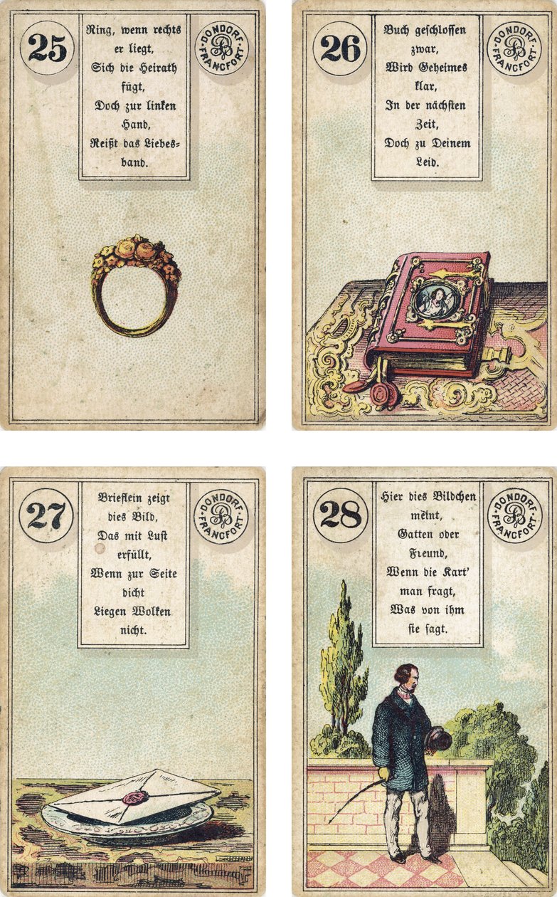 Lenormand Fransız karikatür destesinin Almanca baskısı: The Ring, The Book, The Letter, The Gentleman, Dondorf, Frankfurt, 19. Yüzyıl tarafından yayınlandı by French School