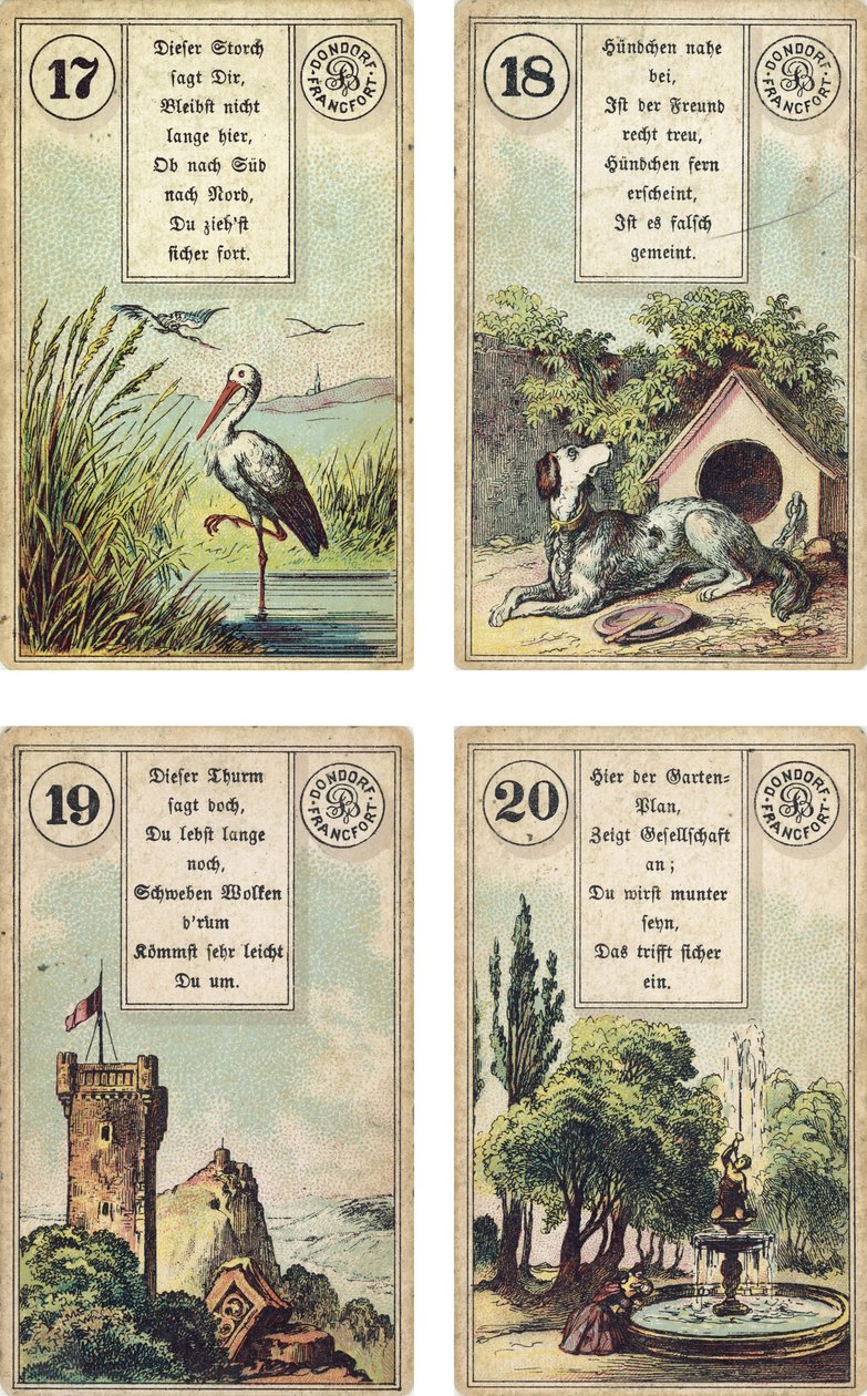 Lenormand Fransız karikatür destesinin Almanca baskısı: The Stork,The Dog, The Tower,The Garden, Dondorf, Frankfurt, 19. Yüzyıl tarafından yayınlandı by French School