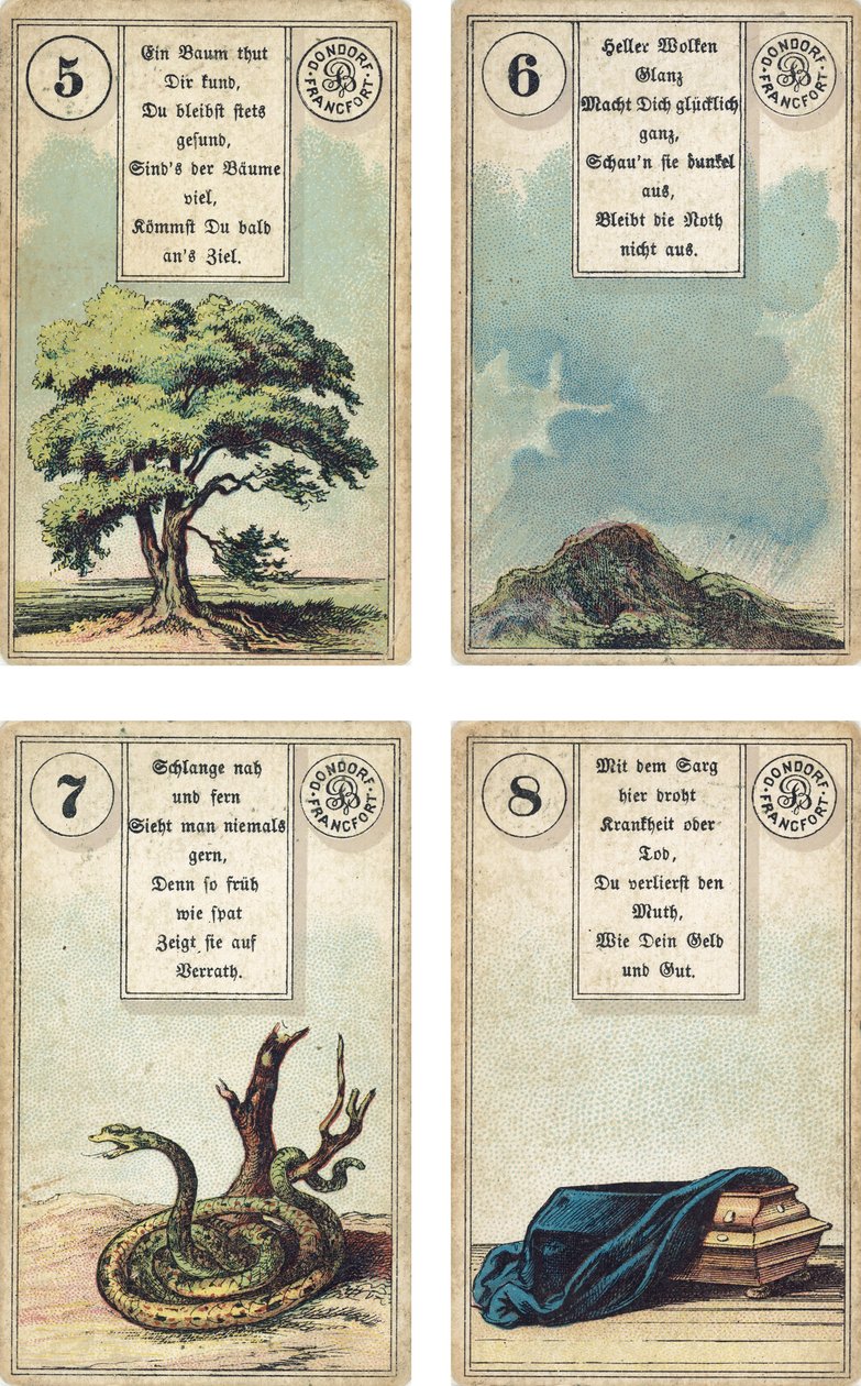 Lenormand Fransız karikatür destesinin Almanca baskısı: Ağaç, Bulutlar, Yılan, Tabut, Dondorf, Frankfurt, 19. Yüzyıl tarafından yayınlandı by French School