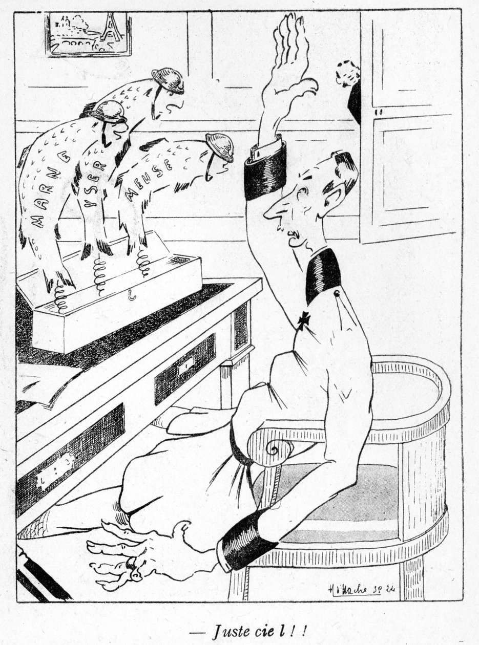 Üç Nisan Balığı alan Alman subayı, 29 Mart 1917, La Baionette dergisinin 1 Nisan (Poisson dAvril) baskısından bir karikatür by French School