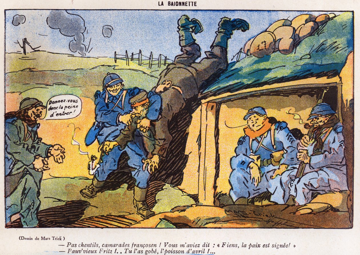 Fransız askerleri tarafından bir hile sonucu yakalanan Alman askeri, 29 Mart 1917, La Baionette dergisinin April Fools Day (Poisson dAvril) baskısından bir karikatür. by French School