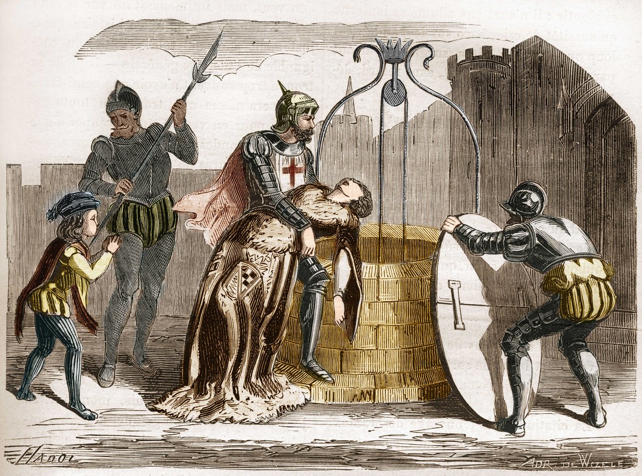 Gilles de Rais (Retz veya Rays) (1404-1440), Fransa mareşali karısını perişan ediyor. Dr. Th tarafından “Antik çağlardan günümüze tüm dünya halkları arasında fuhuş ve sefahat tarihi”nde gravür. -F. Debray. 1879. by French School