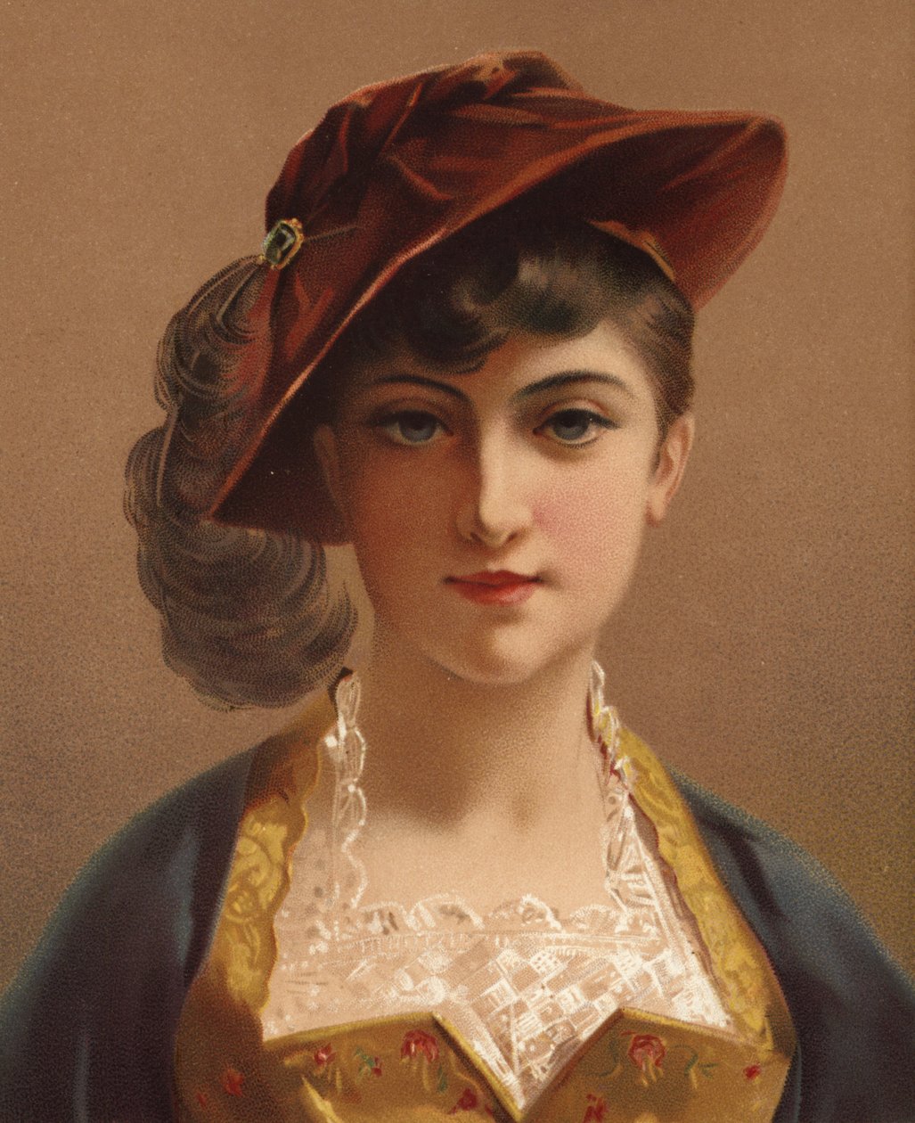 Kırmızı kadife şapkalı kız (chromolitho) by French School