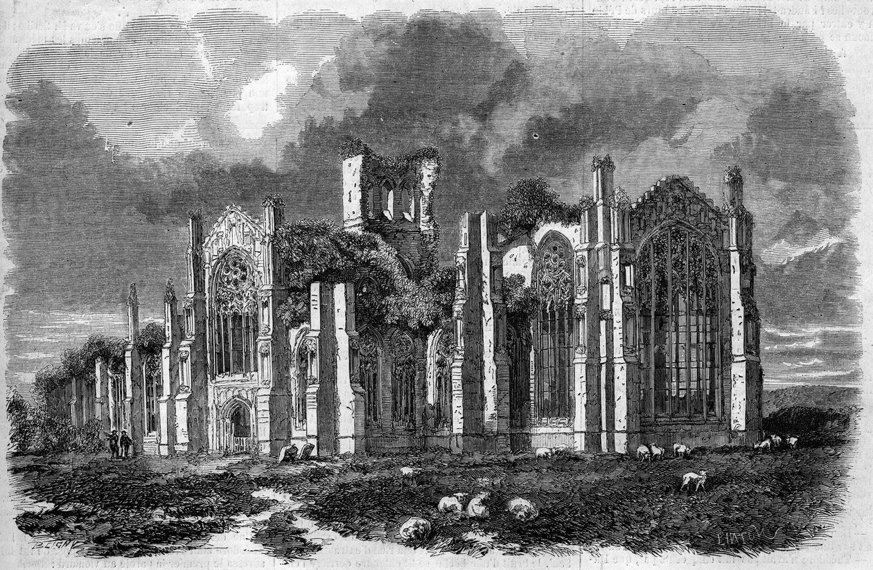 Gotik mimarisi: Melrose Manastırı (12. yüzyıl), İskoçya harabelerinin görünümü by French School