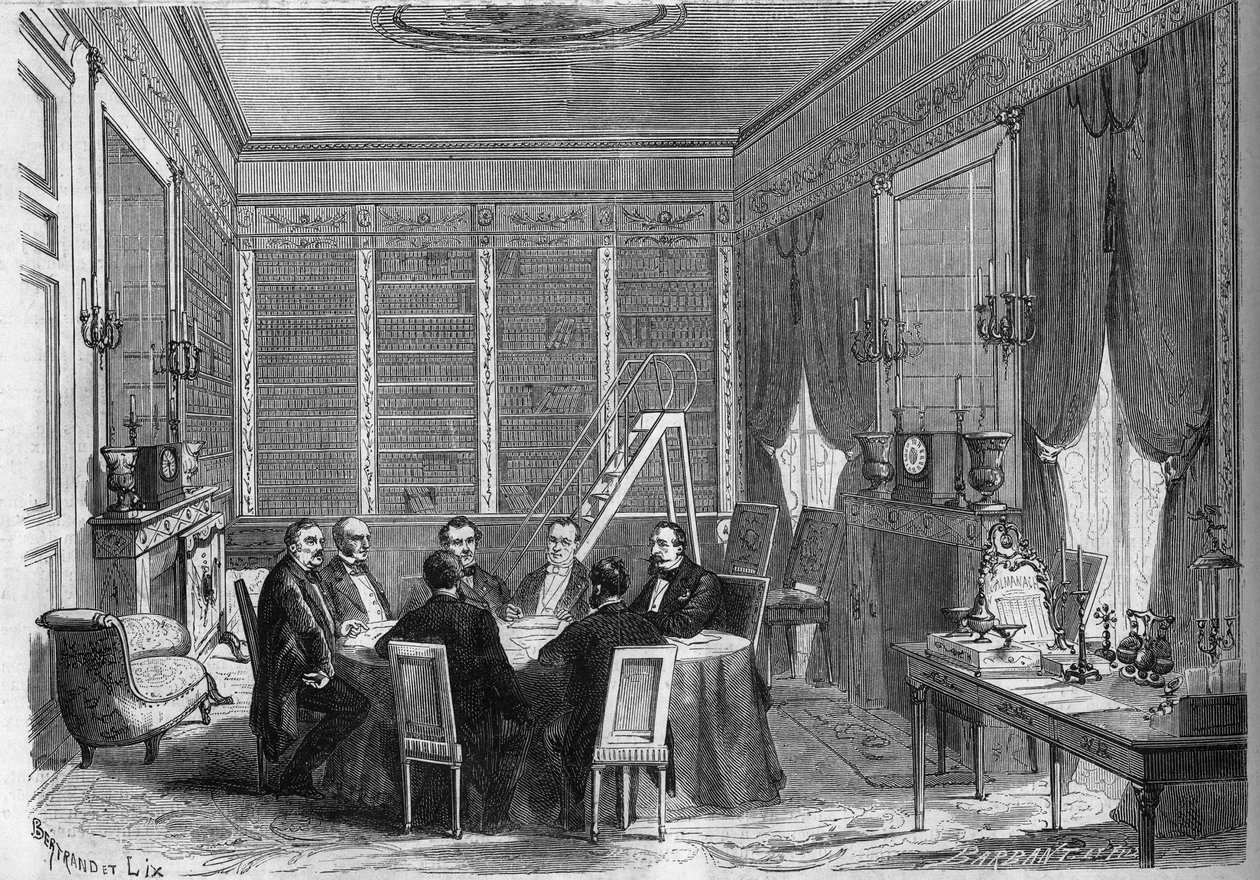 İkinci İmparatorluğun Hükümeti: Compiegne Sarayı kütüphanesinde düzenlenen İmparator III. Napolyon (1808-1873) başkanlığındaki Bakanlar Kurulu by French School
