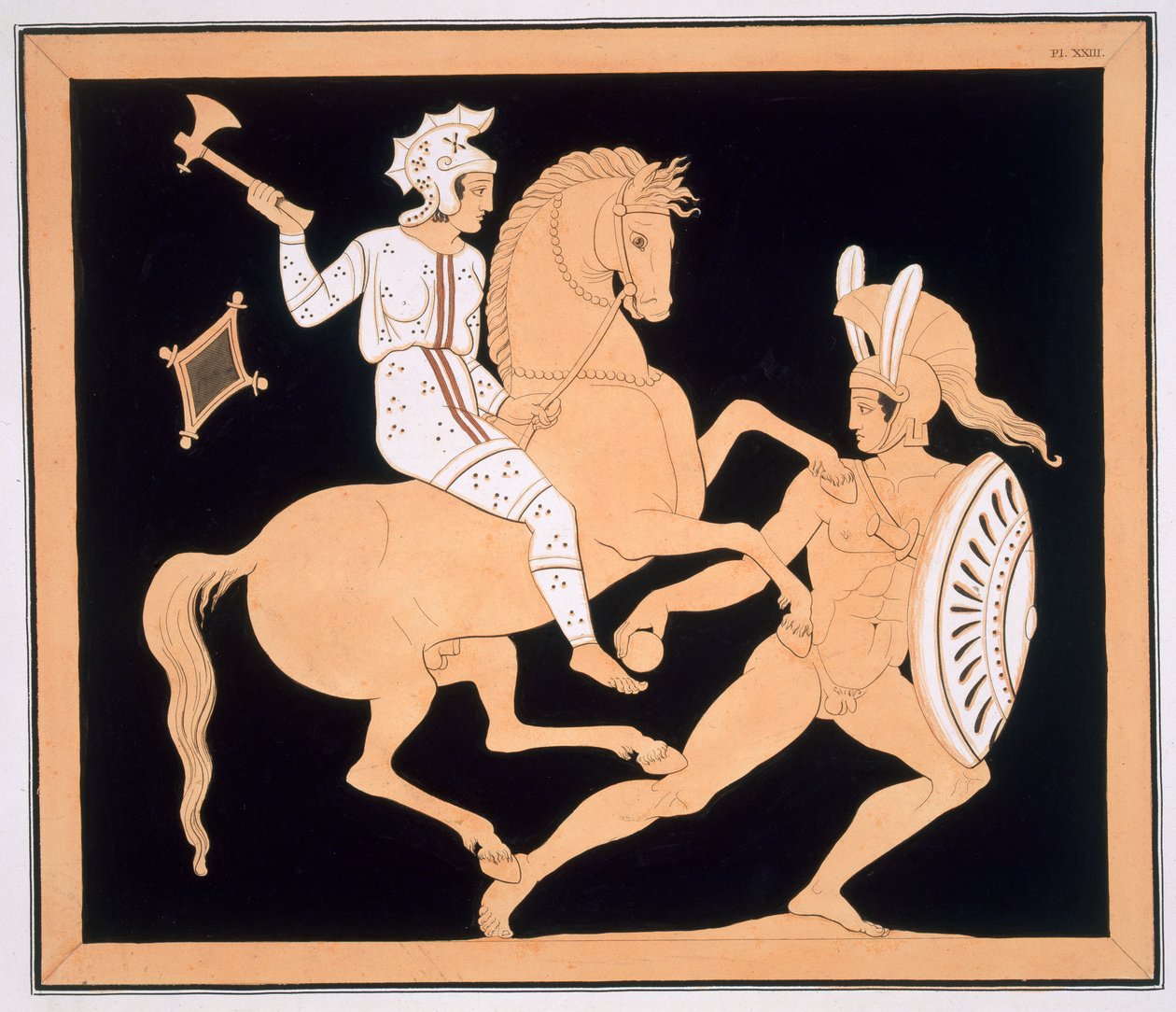 Atlı bir Amazon ile savaşan Yunan savaşçı, 1808-10 yayınlandı by French School