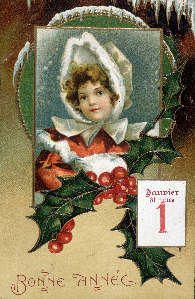 Tebrik kartı: “” Yeni Yılınız Kutlu Olsun”” (kutsallı kız) - kartpostal, n.d., 20. yüzyılın başları by French School