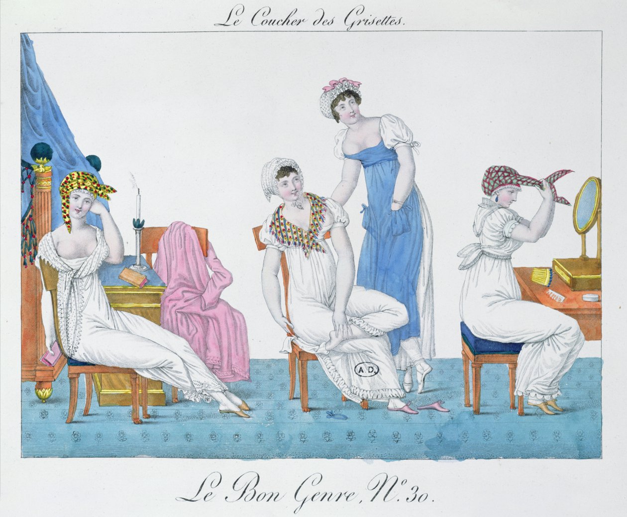 Grisettes Yatmaya Hazırlanıyor, 'Le Bon Genre'den 30 numaralı plaka, 19. yüzyılın başlarında (renkli taş) by French School