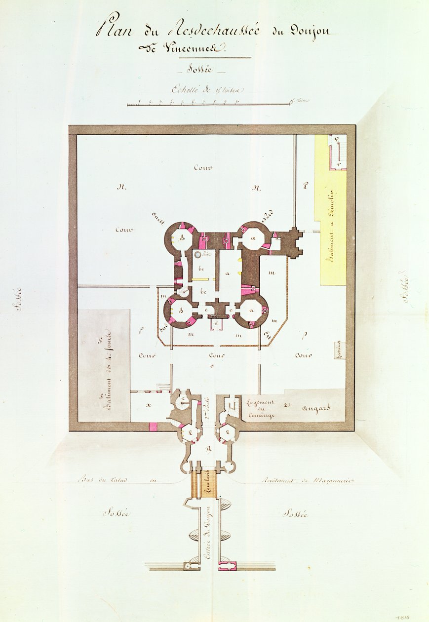 Vincennes Hapishanesi için zemin kat planı, 1810 (kalem ve mürekkep) by French School