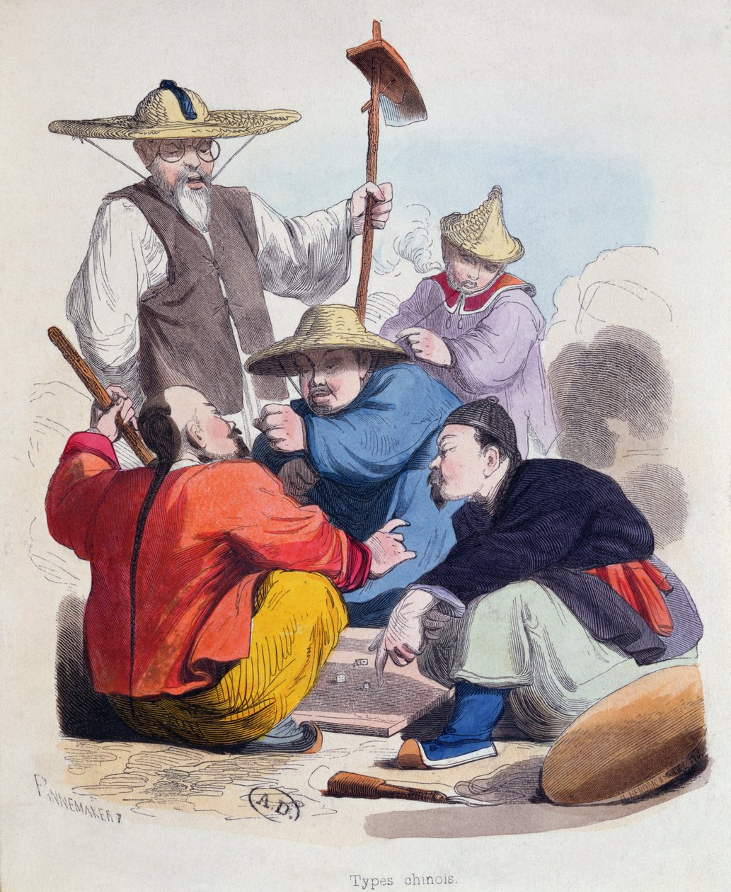Zar oynayan bir grup Çinli adam, c.1850 (renkli gravür) by French School