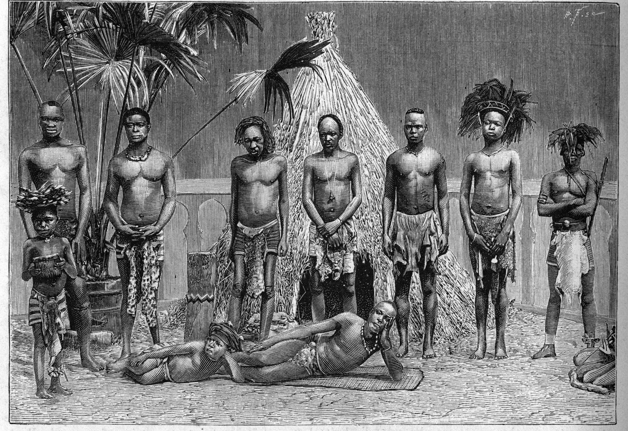 Angola grubunun erkeklerinden oluşan bir grup, 1889 Dünya Fuarı (İnsan Hayvanat Bahçesi) sırasında Paris