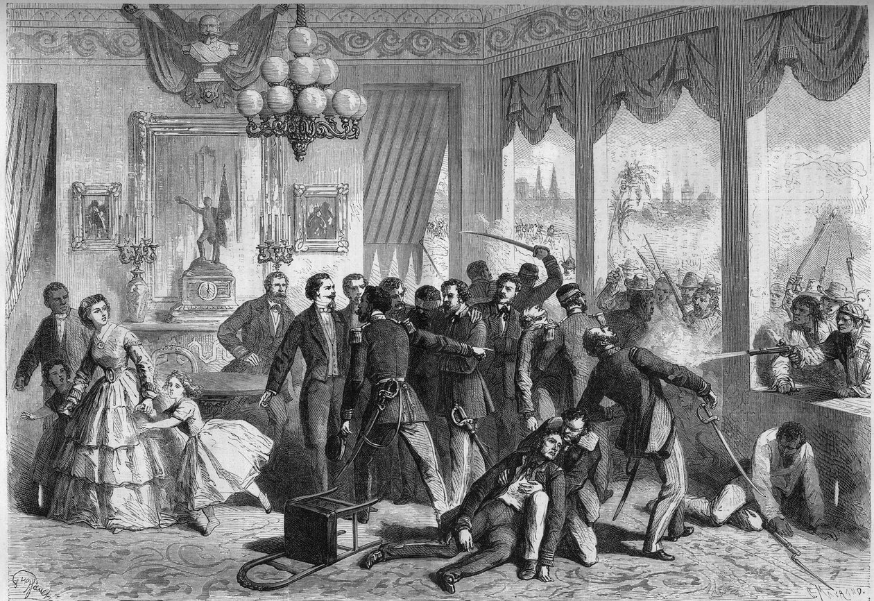 Güney Amerika İspanya Savaşı - Lima (Peru) - 5 Şubat 1865: Yaralanan ve şehir halkı tarafından takip edilen İspanyollar, Fransız elçiliğine sığınıyor. 6 Mayıs 1865 tarihli "Le Monde Illustre" n°421