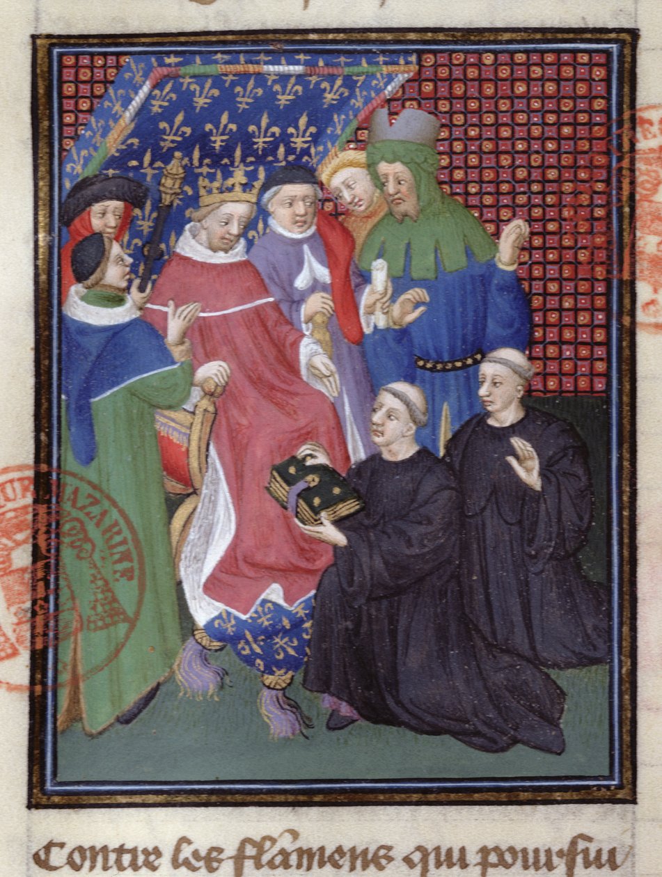 Guillaume de Nangis (ö. 1300 veya 1303) kitabını 1285-1314 yılları arasında Fransa kralı olan IV. Philippe le Bel'e sunar (parşömen) (239257 detayı) by French School