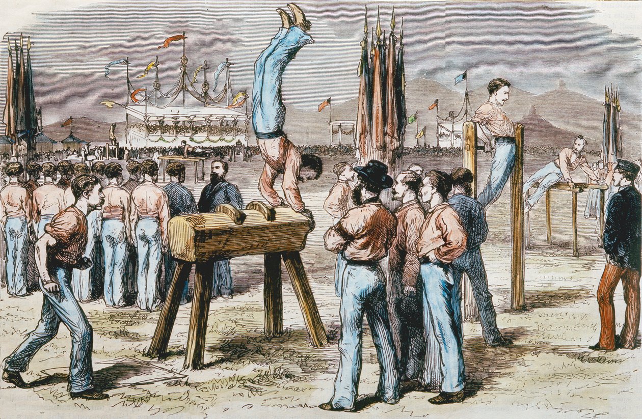 Jimnastik Yarışması, 1876 (renkli gravür) by French School