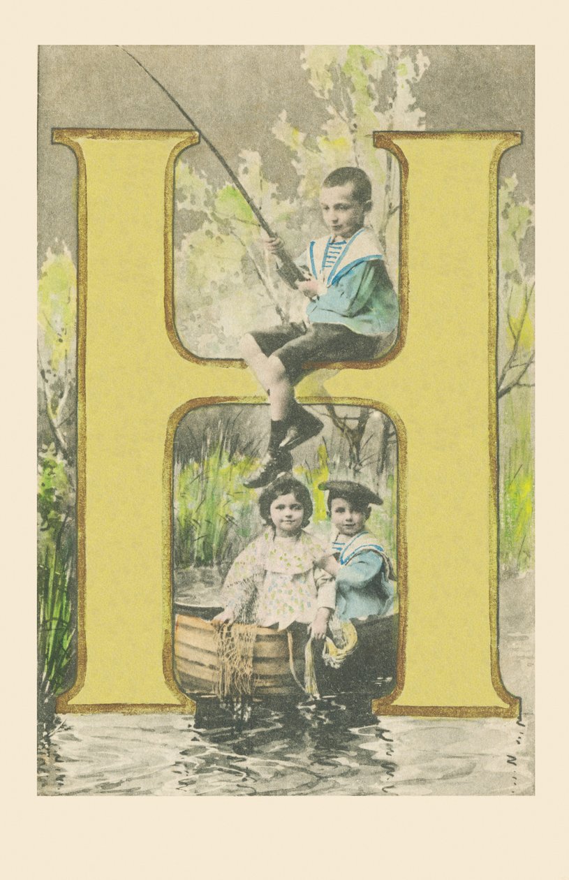 H: Olta tutan bir çocuk, teknede iki çocuk by French School