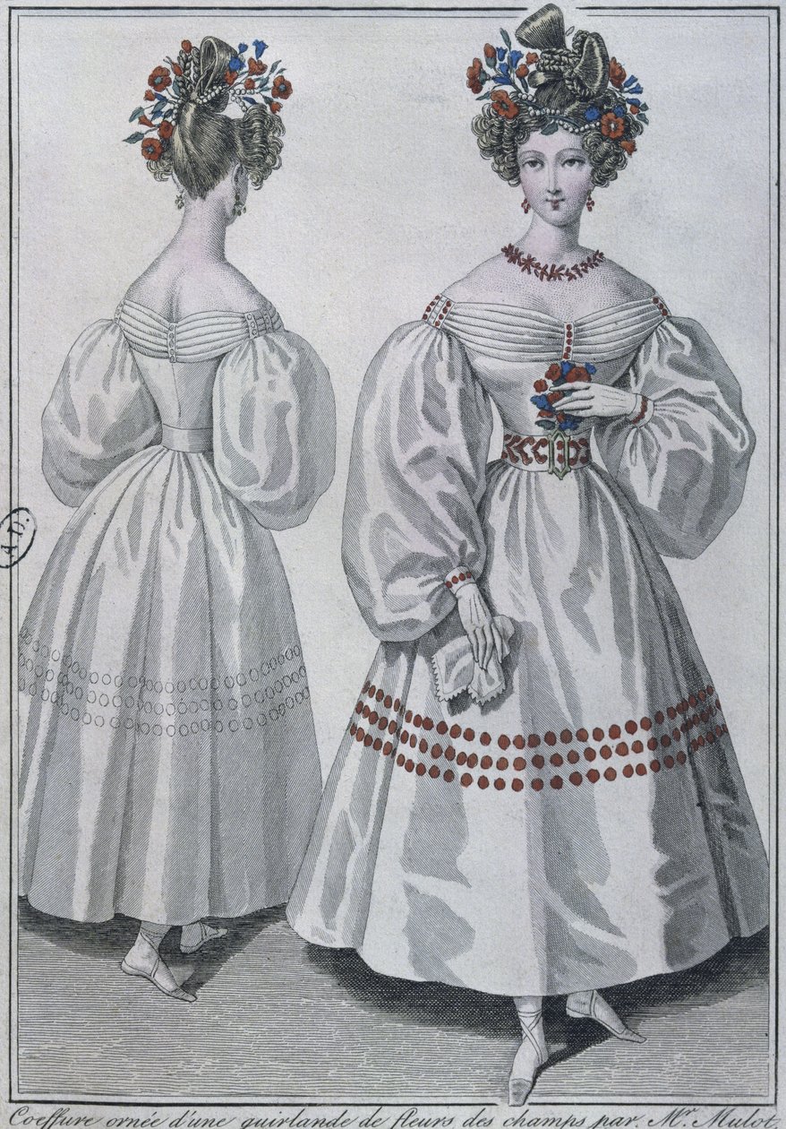 Kır çiçekleri çelenkli saç modeli, Paris, 1829 (renkli gravür) by French School