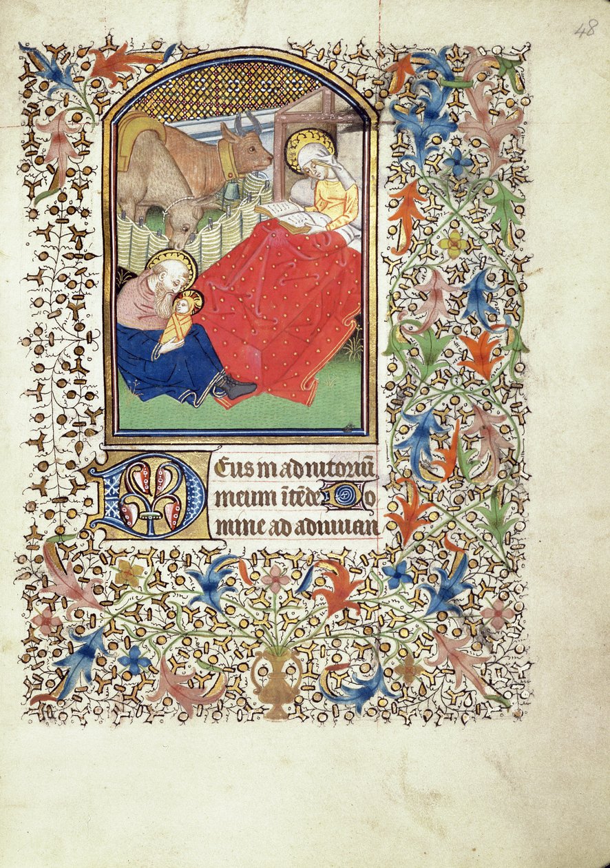 Elyazması 69 f.48r, İsa'nın Doğuşu, "Jacques de Besançon'un Ustası"nın Saatler Kitabından by French School