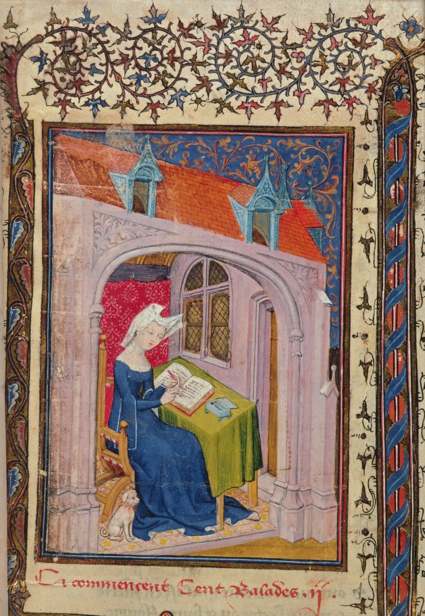 Harl 4431 f.4 Christine de Pisan masasında yazıyor, 
