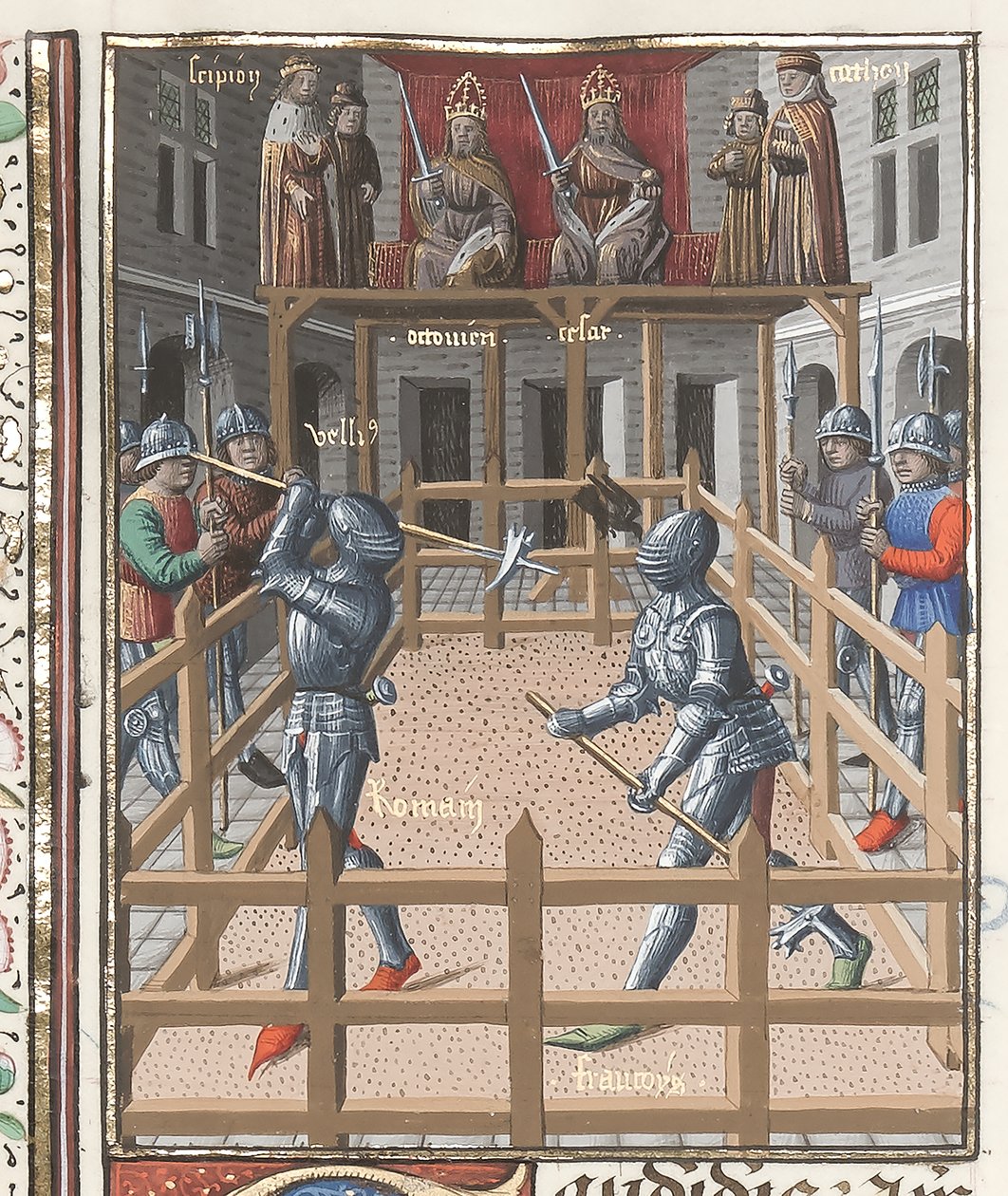 Harley 4375 f.171v, Polaxes ile savaşan iki şövalye, “Valerius Maximus”tan, c.1473-80 (parşömen) by French School