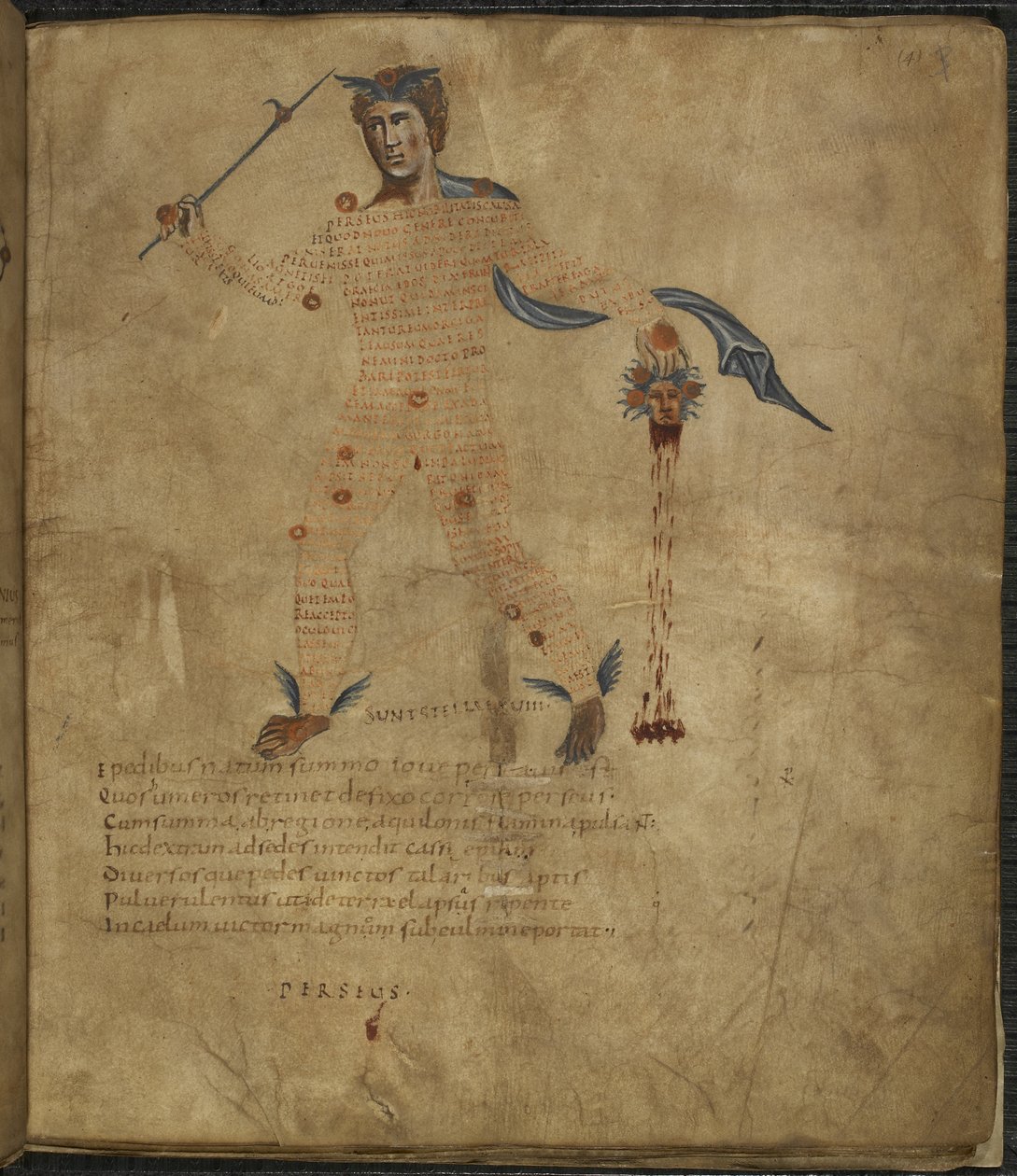 Harley 647, f.4 Yunan mitolojisinin bir kahramanı olan Perseus'un, başı yılan saçlı Medusa'nın, takımyıldız figürü içinde metin veya scholia ile birlikte, 'Aratus'tan, Marcus Tullius Cicero (parşömen) by French School