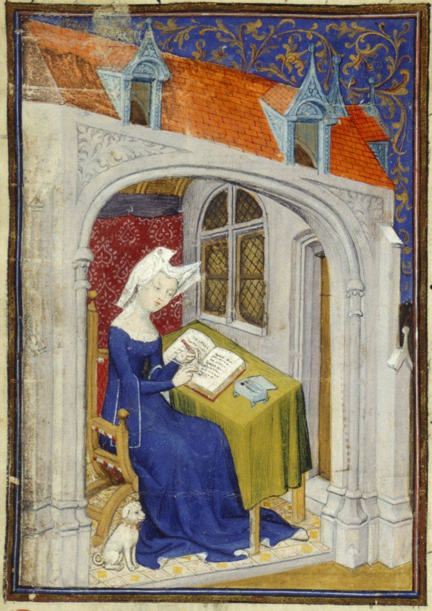 Harley MS 4431 f.004r “Cent balades”in başlangıcındaki çalışmasında Christine de Pizan