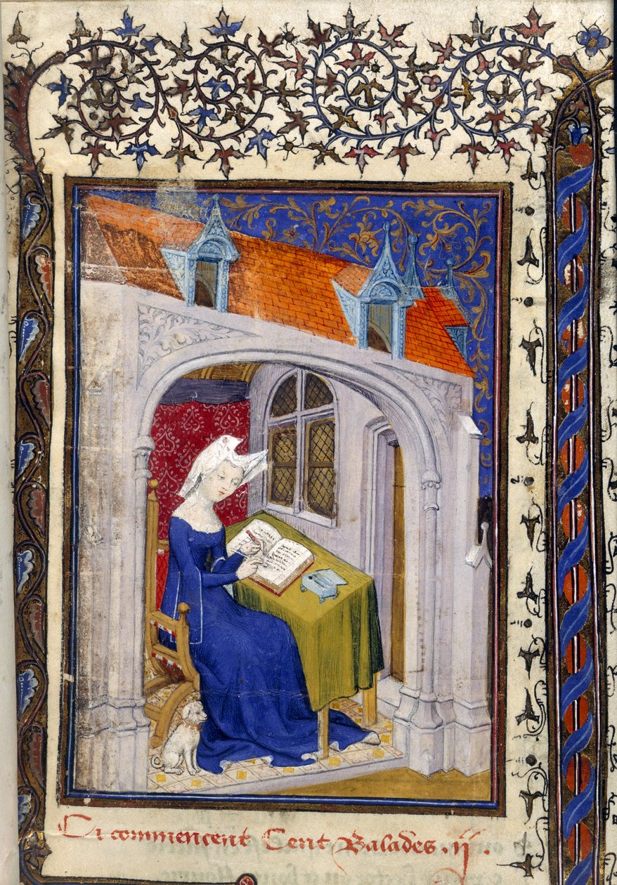 Harley MS 4431 f.004r “Cent balades”in başlangıcındaki çalışmasında Christine de Pizan