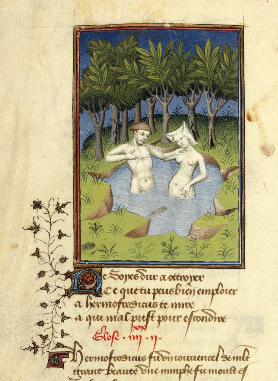 Harley MS 4431, f.132v, Bir gölde yıkanan Hermaphroditus ve perisi Salmacis